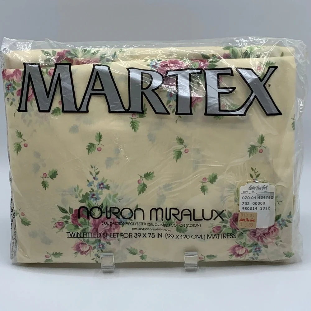 Vtg Martex No Iron Twin Fitted Sheet Cottagecore Ivory Floral Made in USA New
